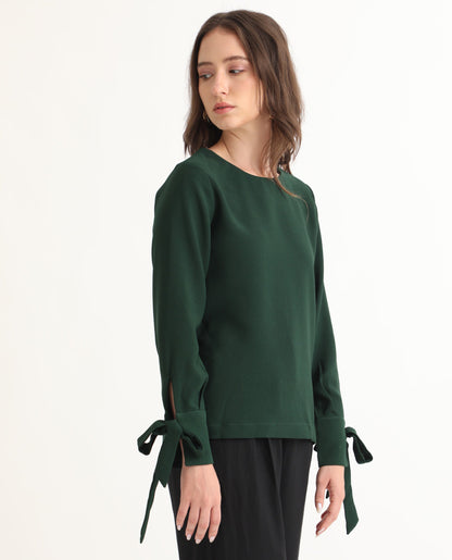 Rareism Women Merach Green Polyester Fabric Full Sleeves Button Closure Boat Neck Regular Fit Plain Top