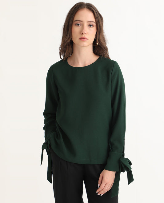 Rareism Women Merach Green Polyester Fabric Full Sleeves Button Closure Boat Neck Regular Fit Plain Top