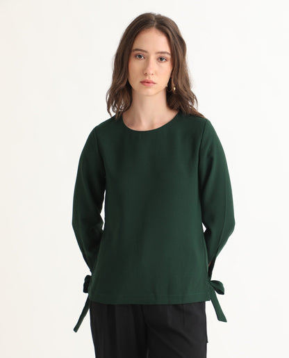 Rareism Women Merach Green Polyester Fabric Full Sleeves Button Closure Boat Neck Regular Fit Plain Top