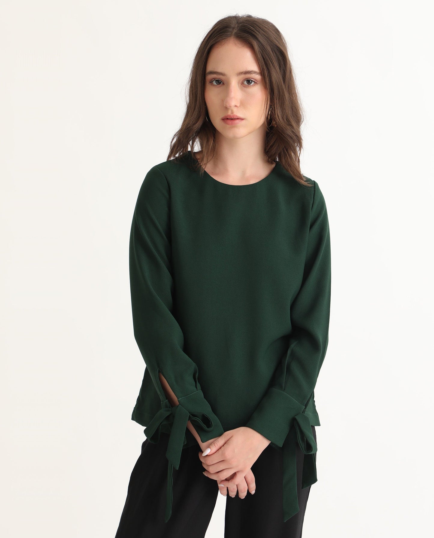 Rareism Women Merach Green Polyester Fabric Full Sleeves Button Closure Boat Neck Regular Fit Plain Top