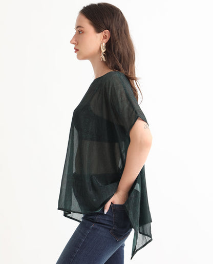 Rareism Women Meresa Dark Green Polyester Fabric Short Sleeves Boat Neck Regular Fit Plain Top