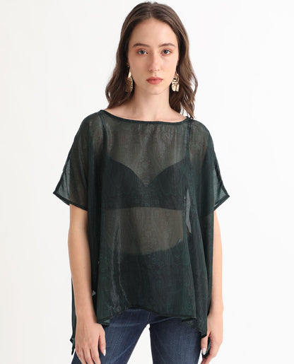 Rareism Women Meresa Dark Green Polyester Fabric Short Sleeves Boat Neck Regular Fit Plain Top