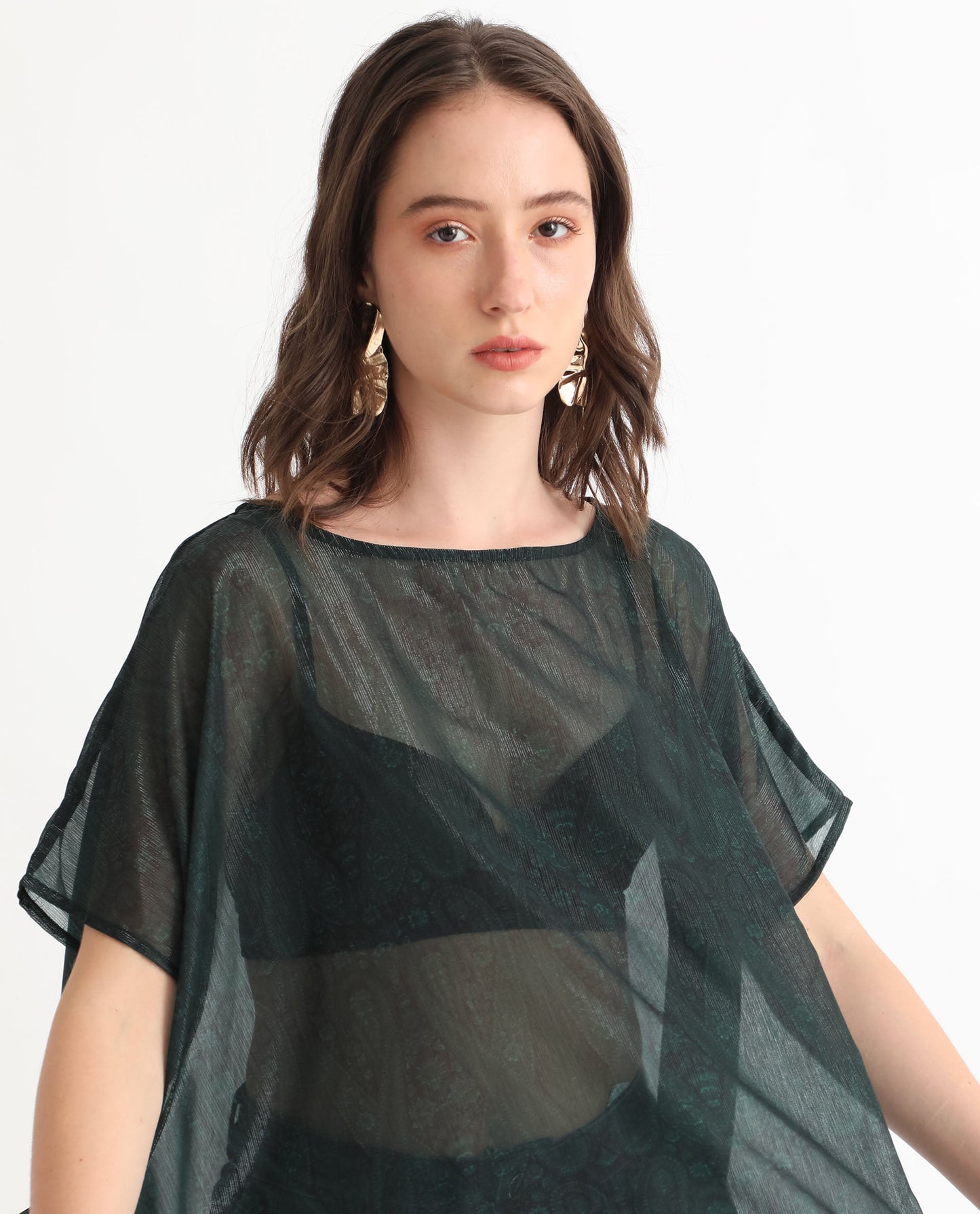 Rareism Women Meresa Dark Green Polyester Fabric Short Sleeves Boat Neck Regular Fit Plain Top