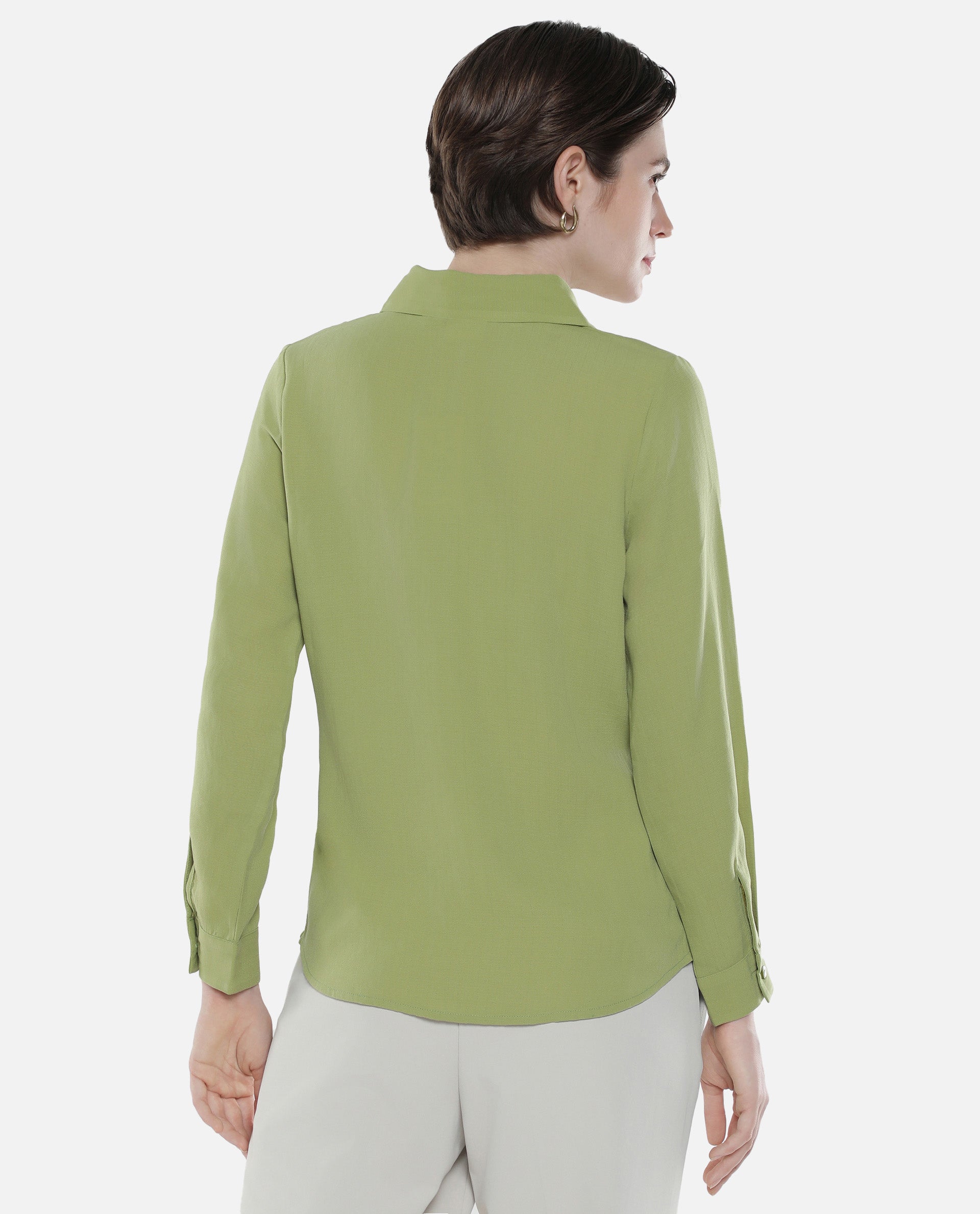 Rareism Women Mersin Light Green Cuffed Sleeves Collared Neck Button Closure Plain Top