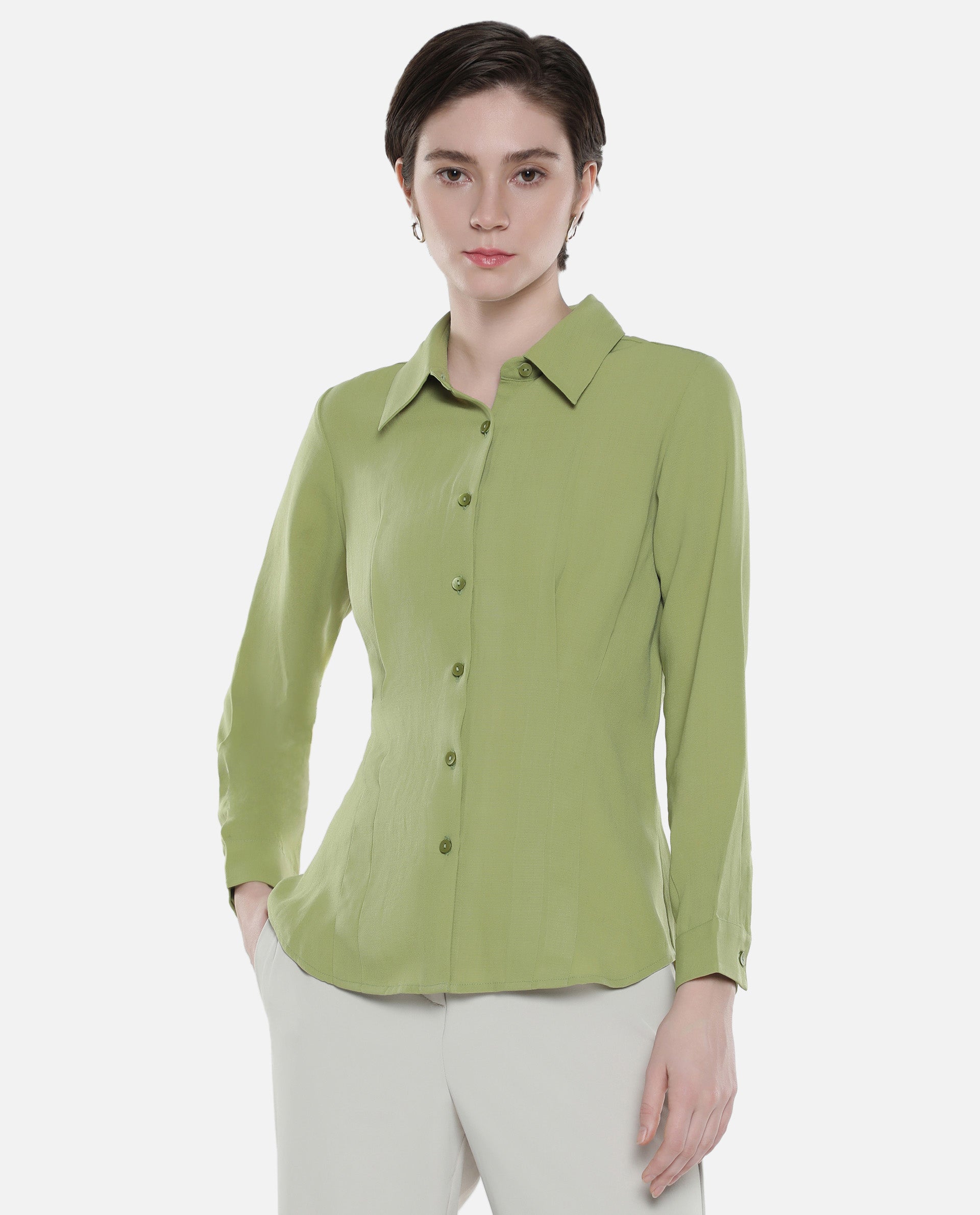 Rareism Women Mersin Light Green Cuffed Sleeves Collared Neck Button Closure Plain Top