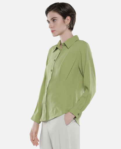 Rareism Women Mersin Light Green Cuffed Sleeves Collared Neck Button Closure Plain Top