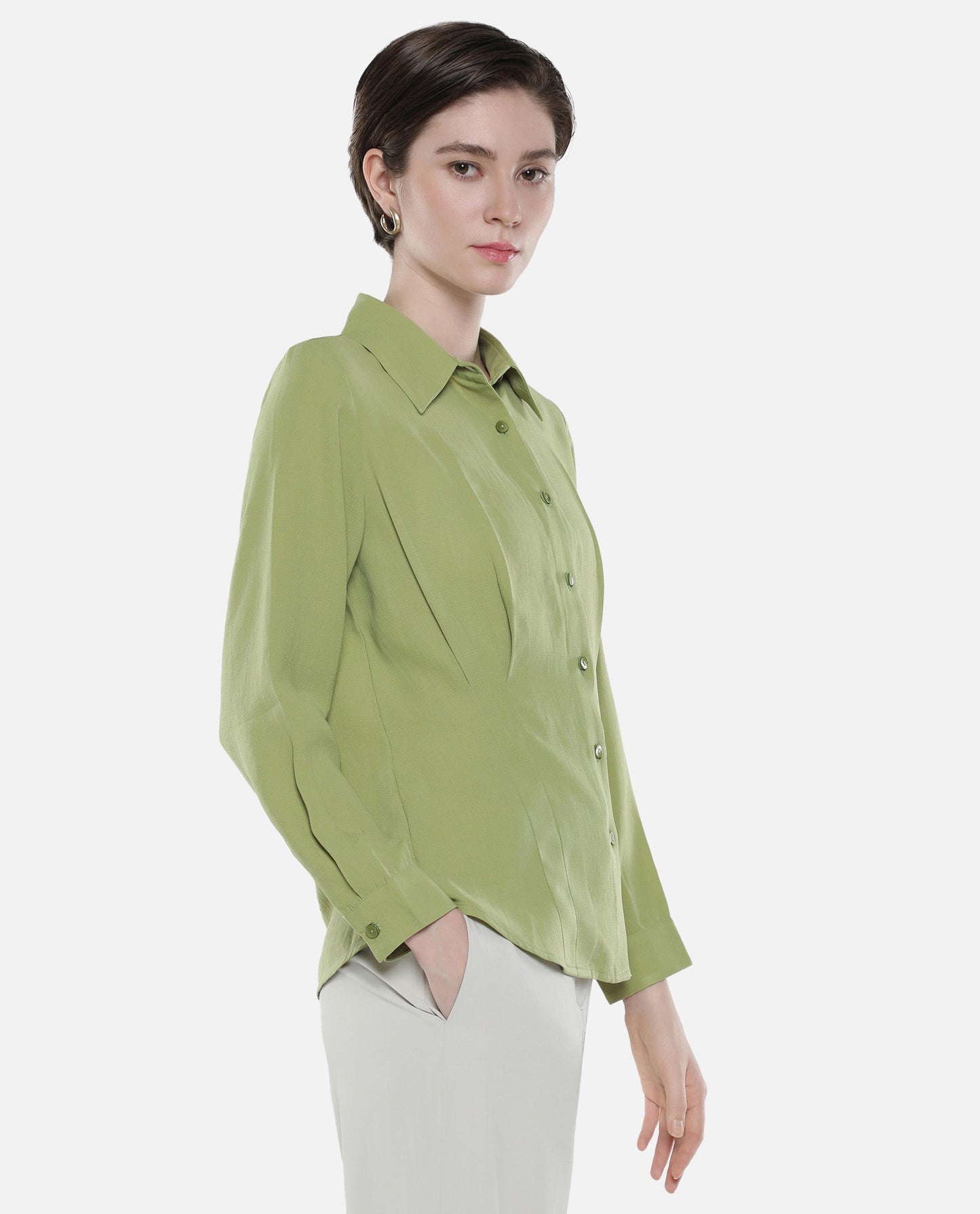 Rareism Women Mersin Light Green Cuffed Sleeves Collared Neck Button Closure Plain Top