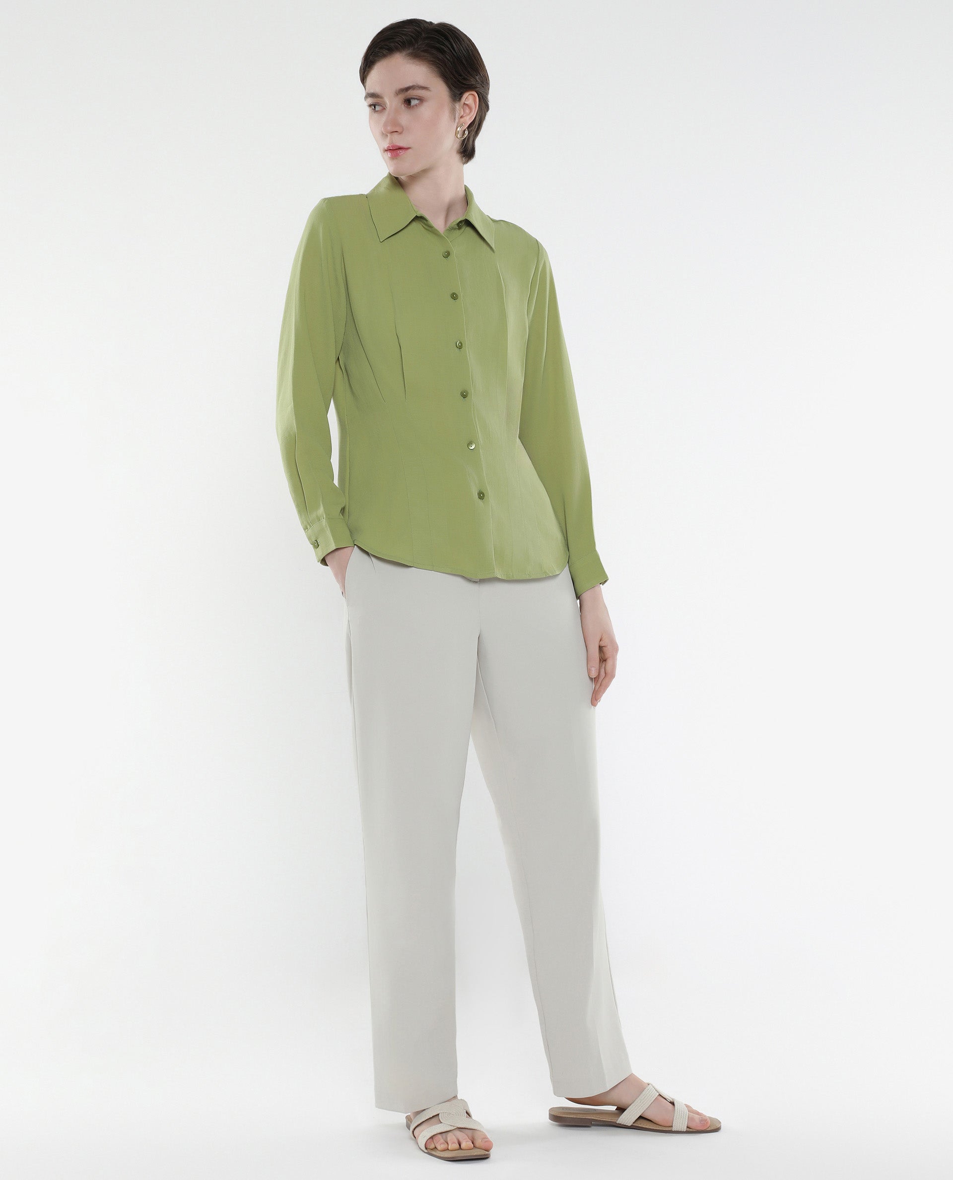 Rareism Women Mersin Light Green Cuffed Sleeves Collared Neck Button Closure Plain Top