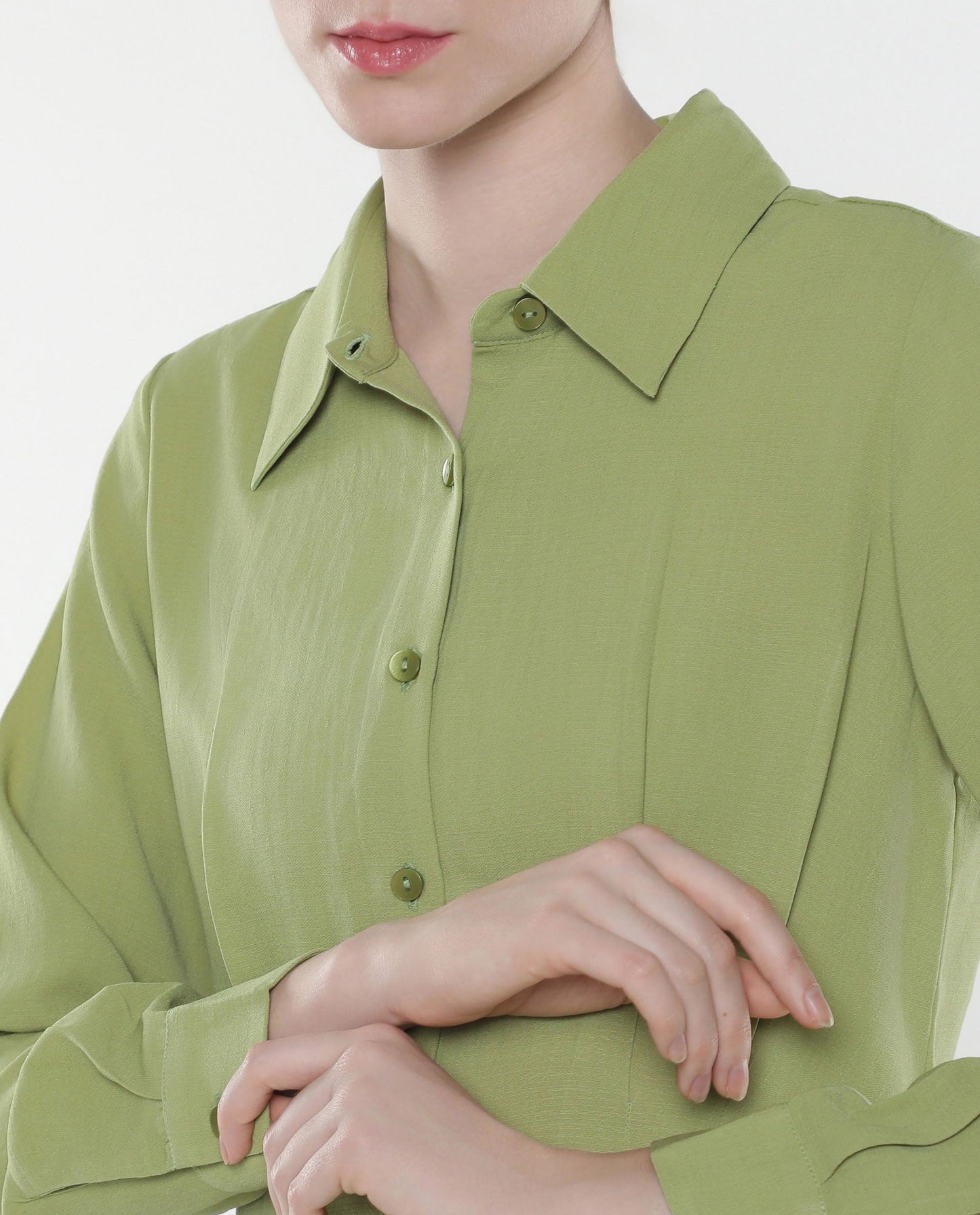 Rareism Women Mersin Light Green Cuffed Sleeves Collared Neck Button Closure Plain Top