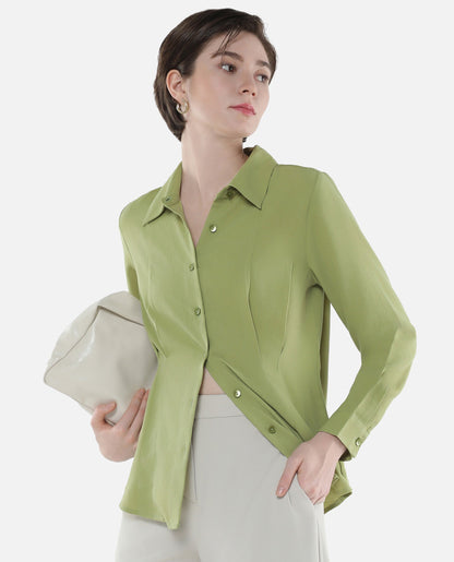 Rareism Women Mersin Light Green Cuffed Sleeves Collared Neck Button Closure Plain Top