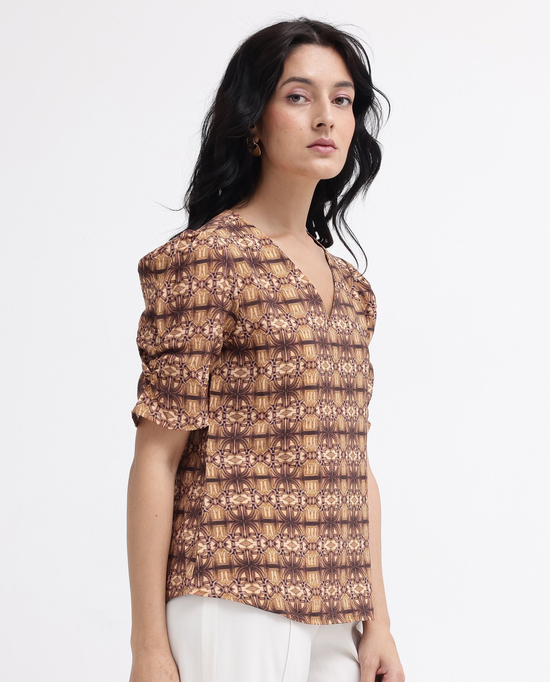 Rareism Women Messo Light Brown Poly Viscose Puff Sleeves V-Neck Abstract Print Top