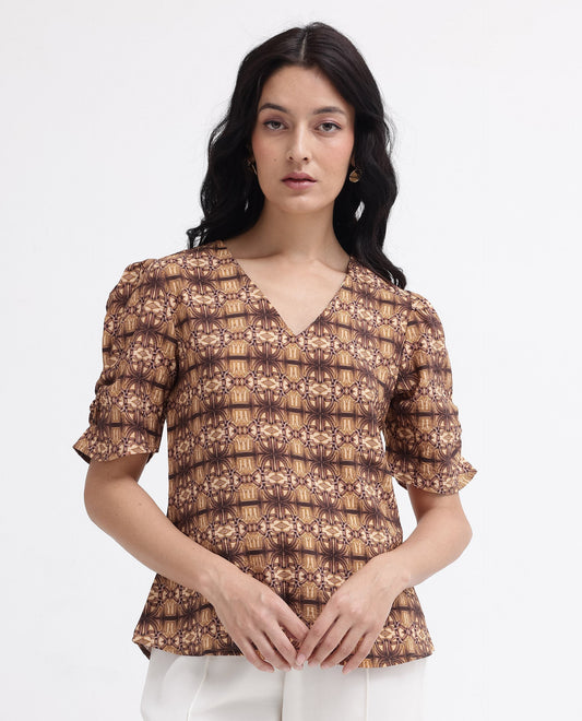 Rareism Women Messo Light Brown Poly Viscose Puff Sleeves V-Neck Abstract Print Top