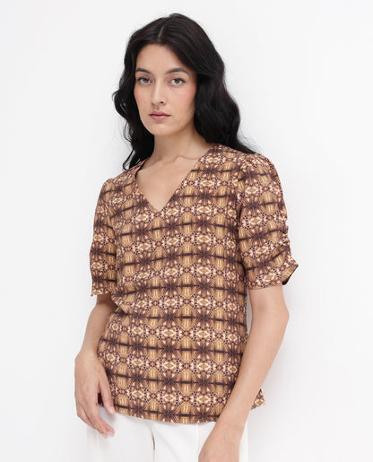 Rareism Women Messo Light Brown Poly Viscose Puff Sleeves V-Neck Abstract Print Top