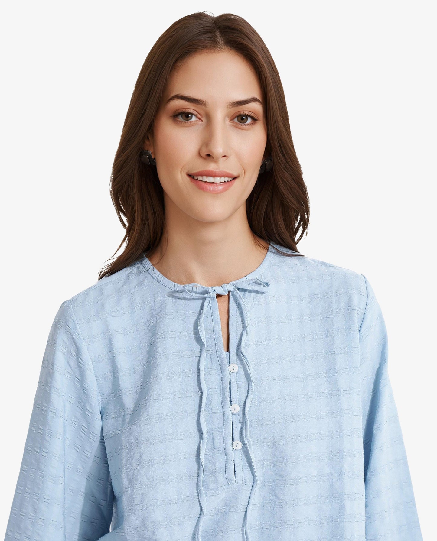 Rareism Women Metio Blue Full Sleeve Tie Up Neck  Relaxed Fit Plain Top