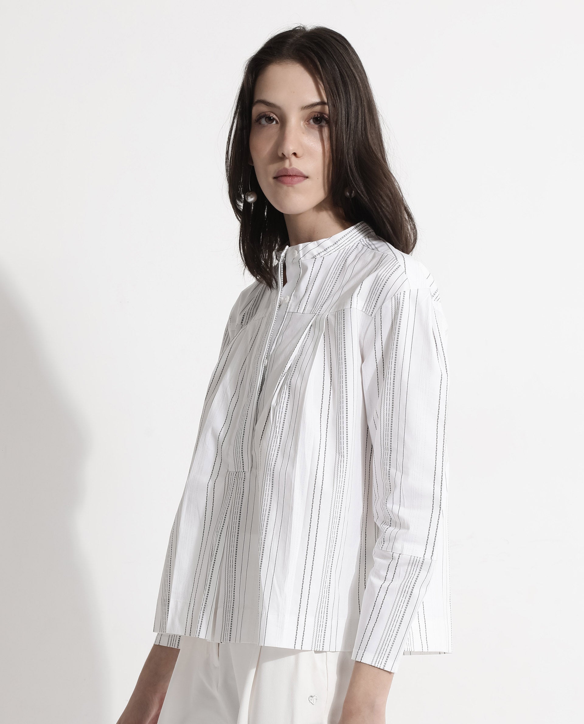 Rareism Women Meton White Full Sleeve Mandarin Neck  Relaxed Fit Narrow Stripes Top