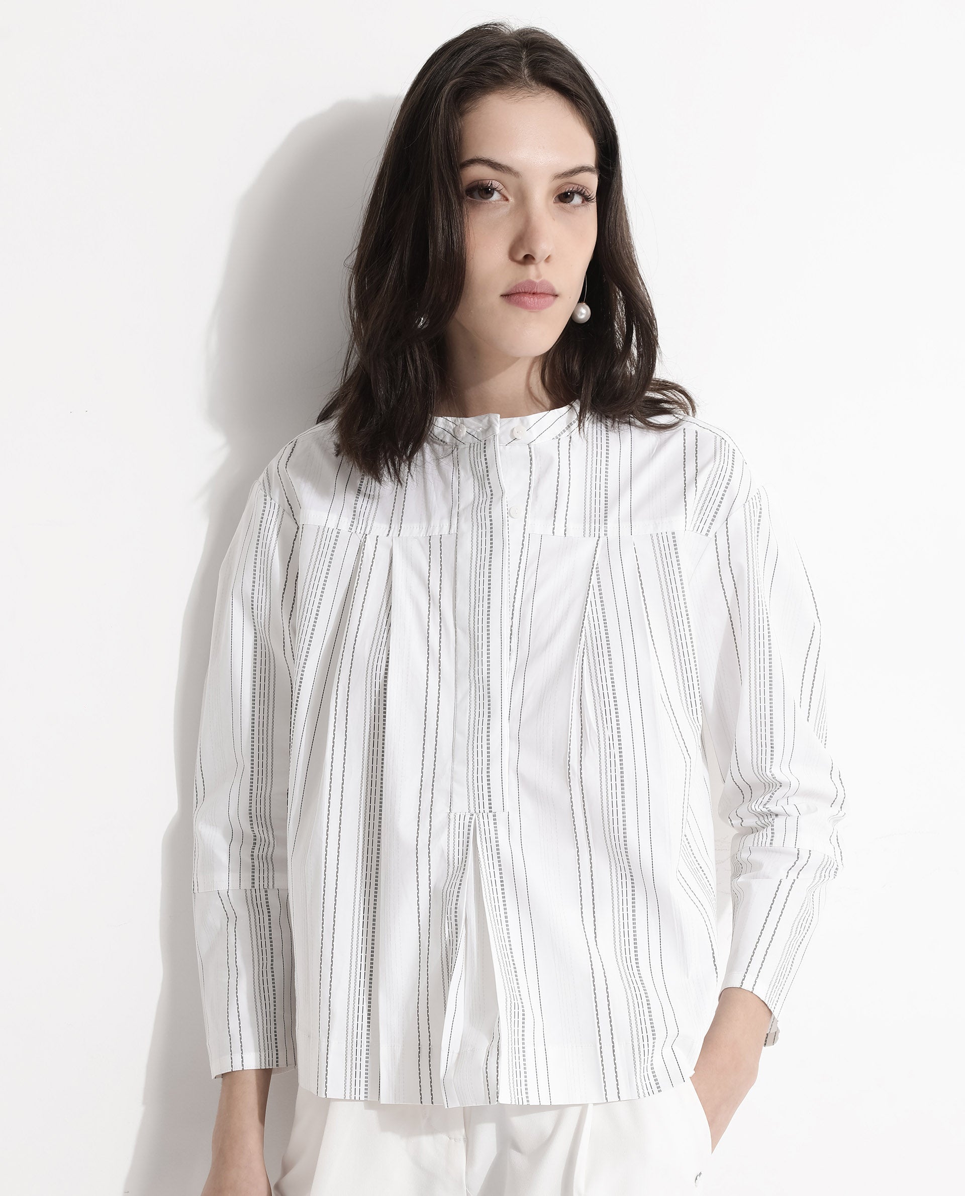 Rareism Women Meton White Full Sleeve Mandarin Neck  Relaxed Fit Narrow Stripes Top