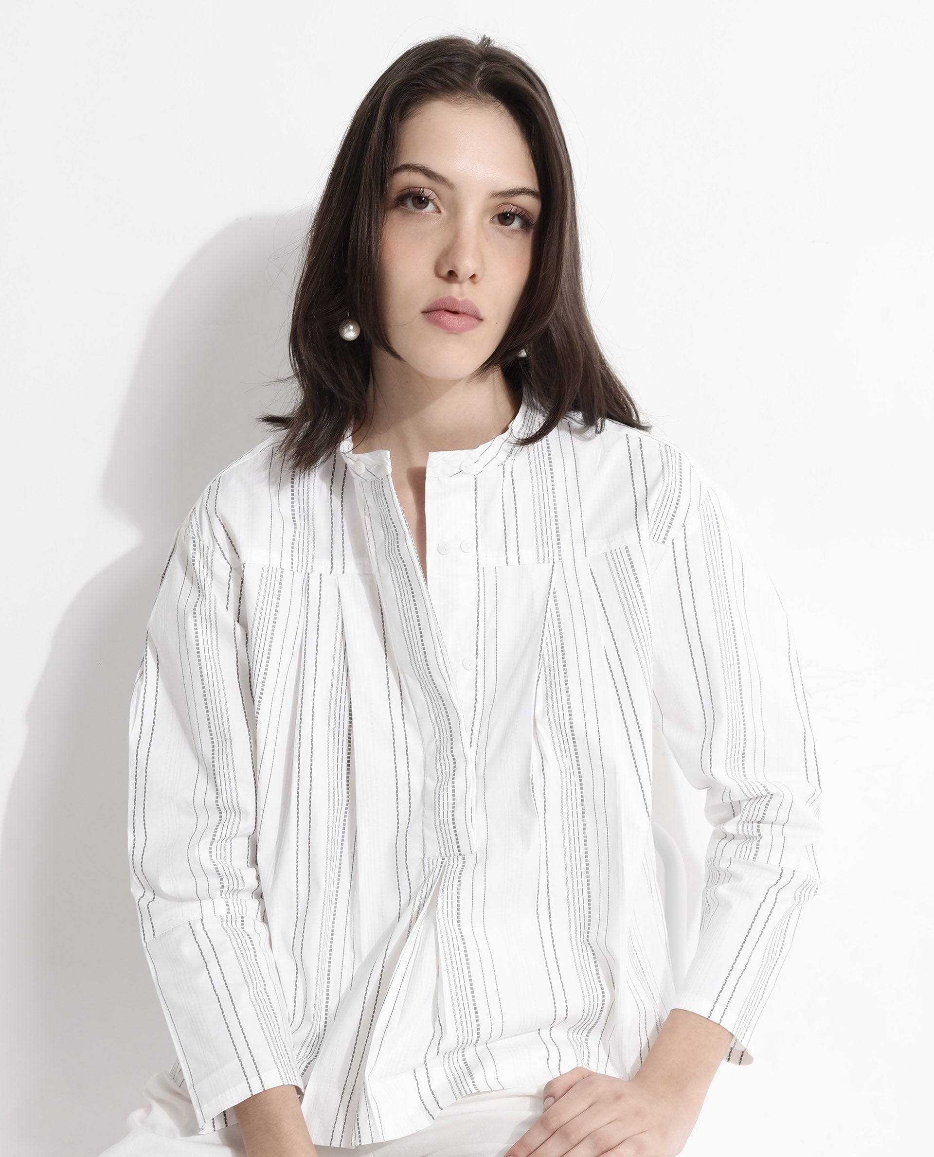 Rareism Women Meton White Full Sleeve Mandarin Neck  Relaxed Fit Narrow Stripes Top