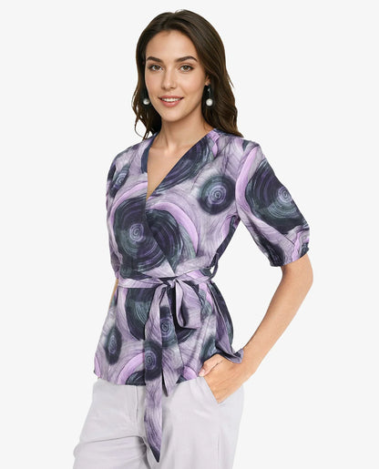 Rareism Women Metunia Dark Multi Puff Sleeves Over Lap Neck Abstract Print Top