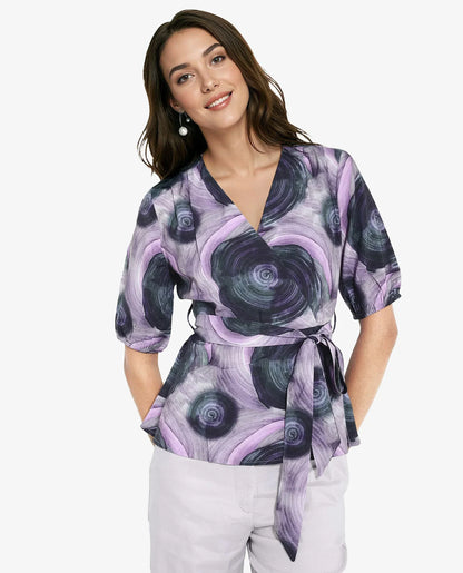 Rareism Women Metunia Dark Multi Puff Sleeves Over Lap Neck Abstract Print Top