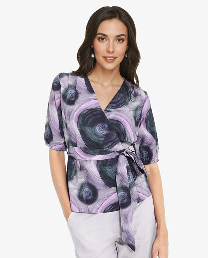 Rareism Women Metunia Dark Multi Puff Sleeves Over Lap Neck Abstract Print Top