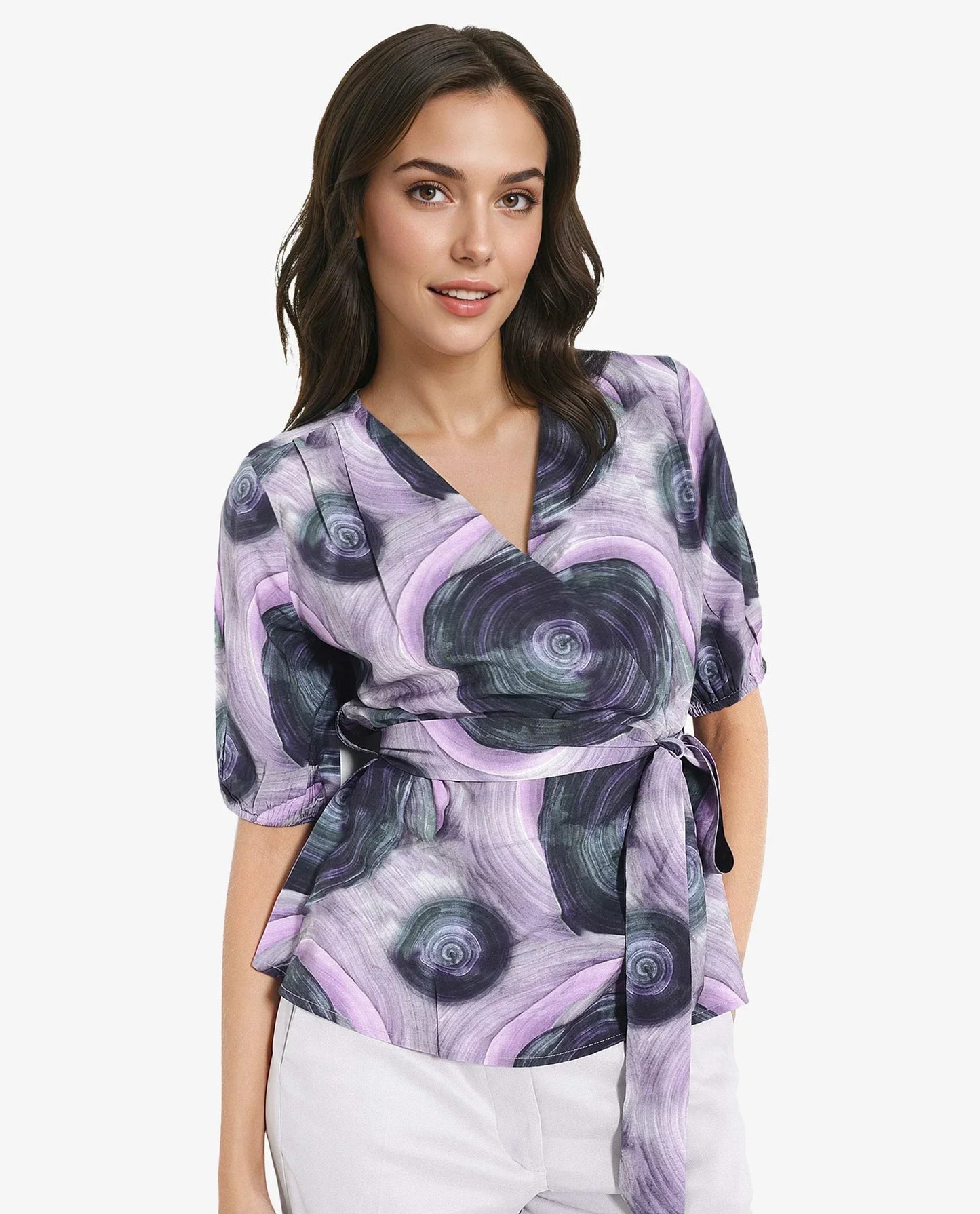 Rareism Women Metunia Dark Multi Puff Sleeves Over Lap Neck Abstract Print Top