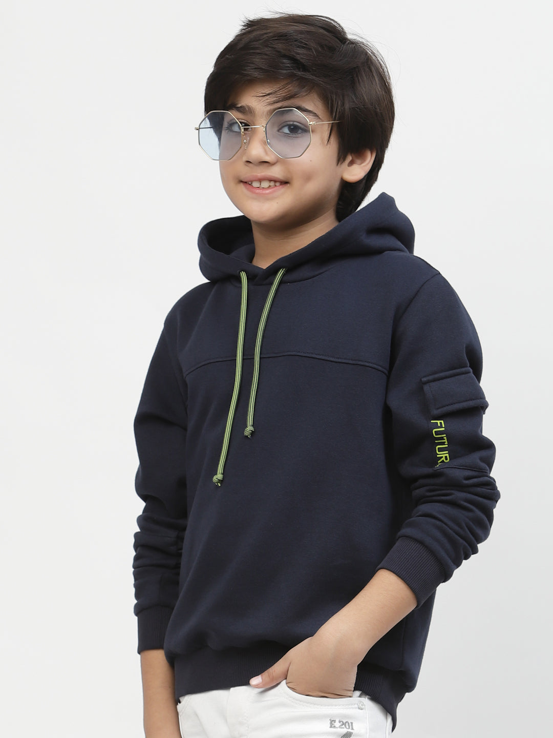 Boys Future Logo Pocket Hoodie-Navy Blue