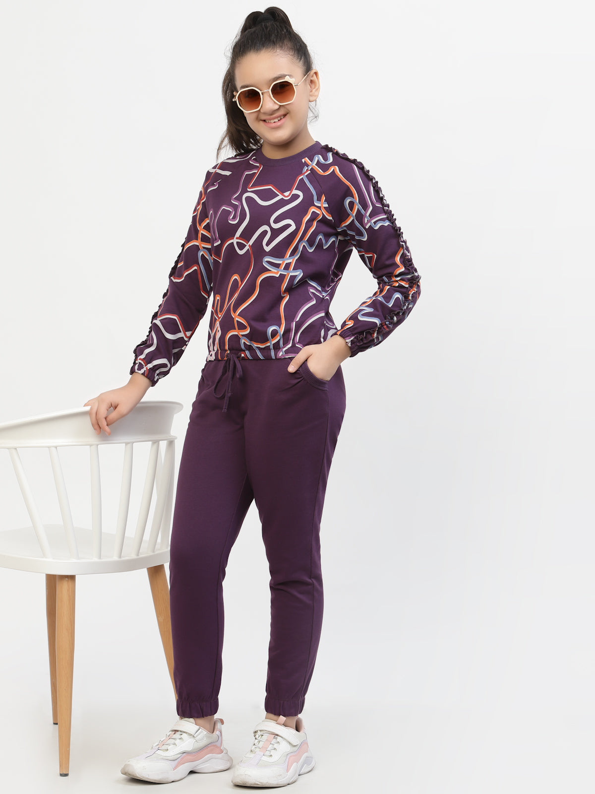 Voilet Zig-Zag-Printed-Organic Cotton Sweatshirt & Joggers Sets