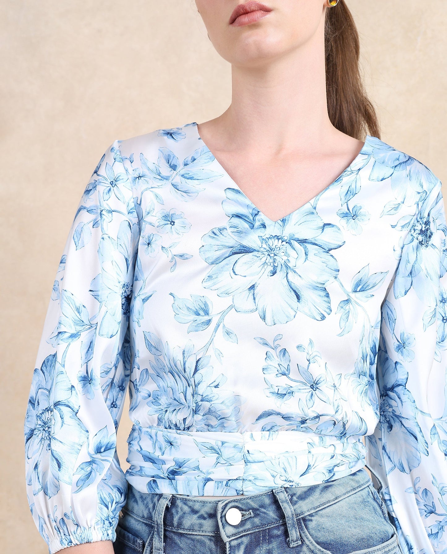 Rareism Women Milan Light Blue Bell Sleeves V-Neck  Cropped Floral Print Top