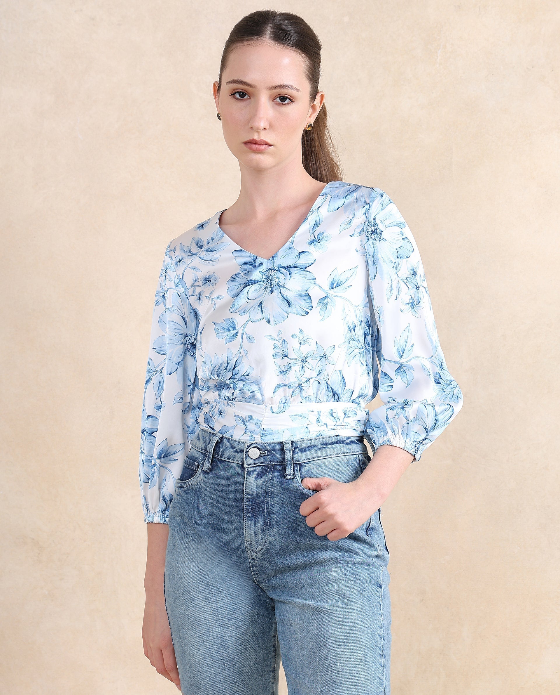 Rareism Women Milan Light Blue Bell Sleeves V-Neck  Cropped Floral Print Top