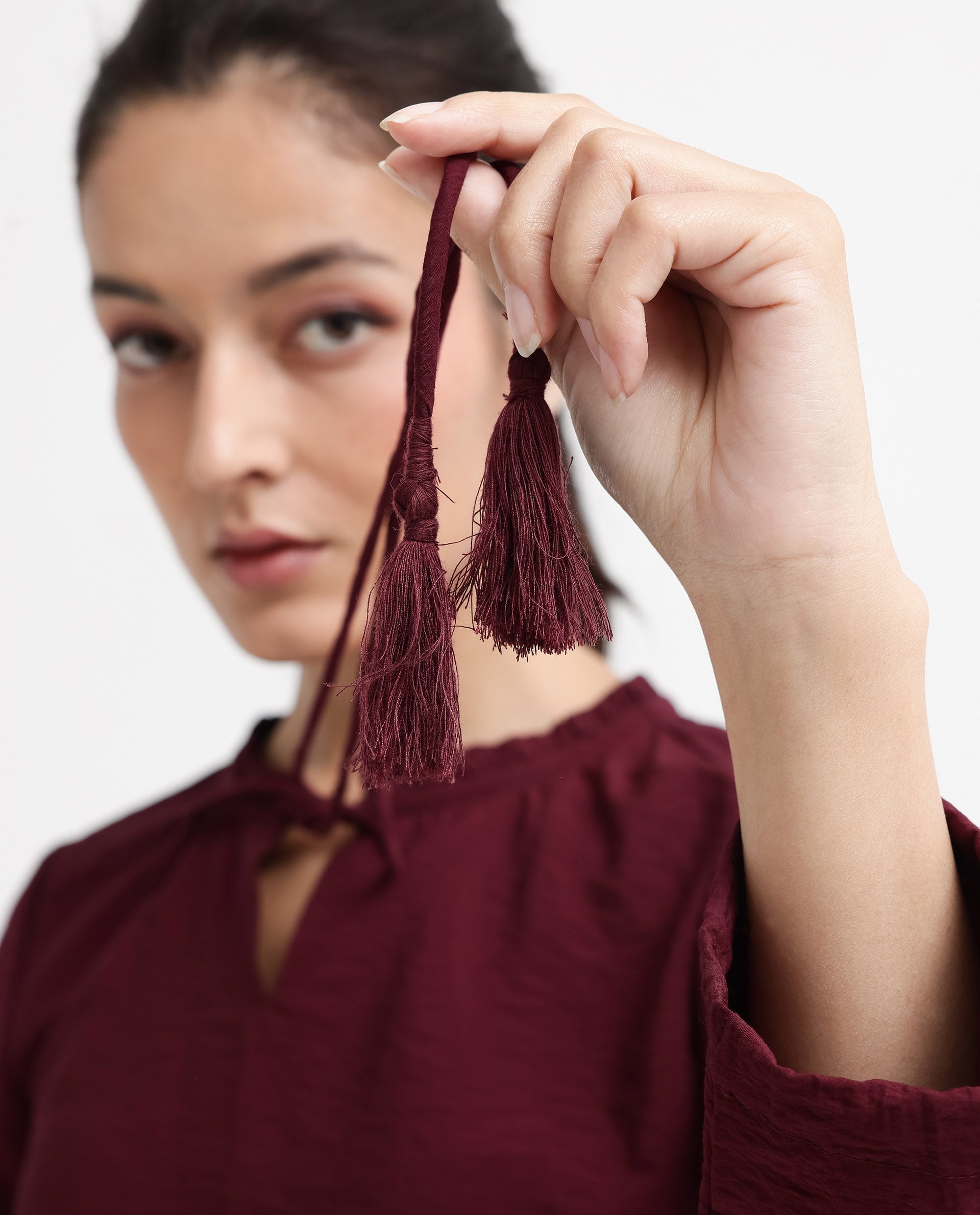 Rareism Women Mili Maroon Ruffled Sleeves Ruffled Neck Tie Up Closure Plain Top