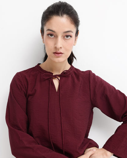 Rareism Women Mili Maroon Ruffled Sleeves Ruffled Neck Tie Up Closure Plain Top