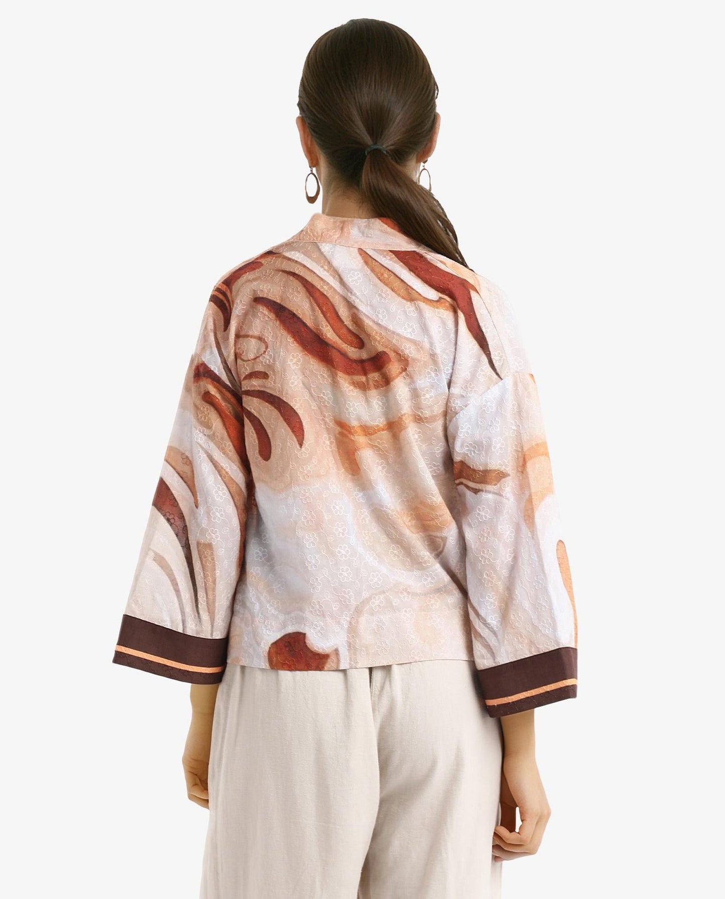 Rareism Women Modena Light Brown Bell Sleeves Shawl Neck Cropped Abstract Print Top