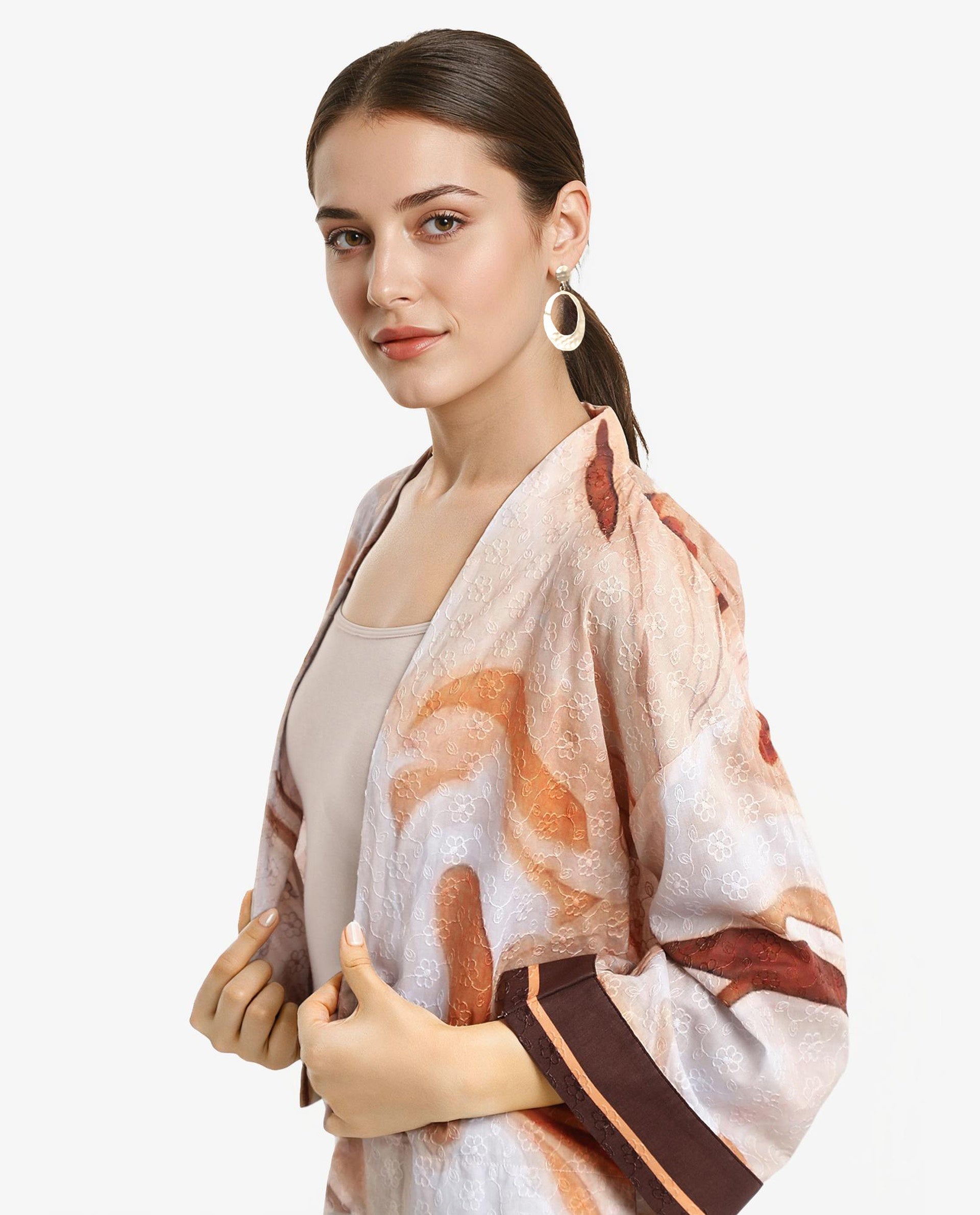 Rareism Women Modena Light Brown Bell Sleeves Shawl Neck Cropped Abstract Print Top