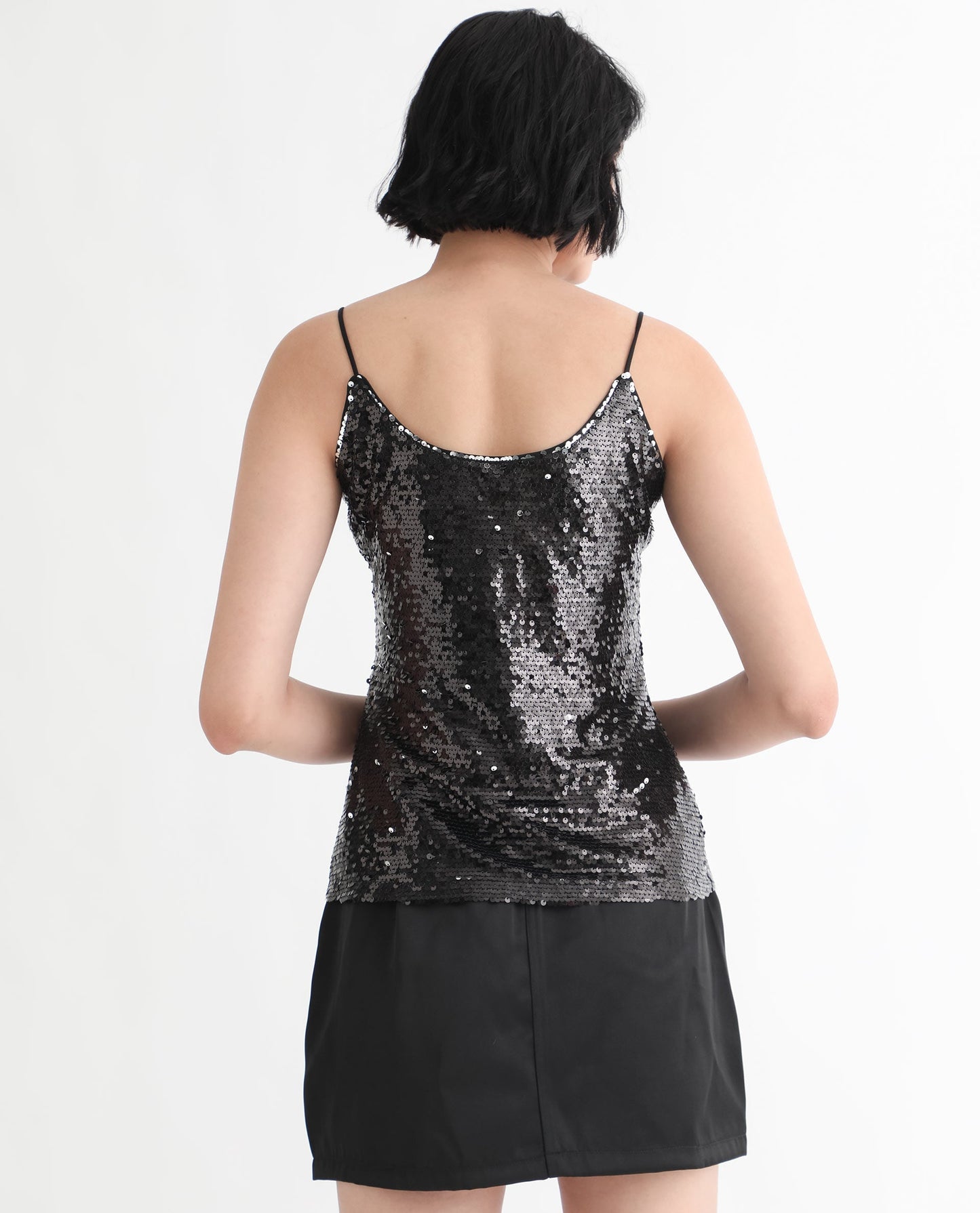 Rareism Women Molly Sheen Black Polyester Fabric Sleeveless Shoulder Straps Regular Fit Sequined Top