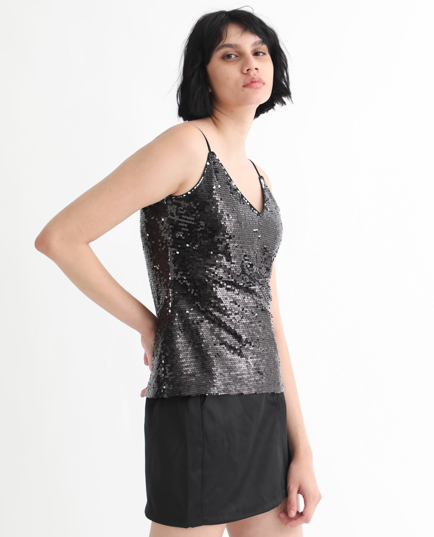 Rareism Women Molly Sheen Black Polyester Fabric Sleeveless Shoulder Straps Regular Fit Sequined Top