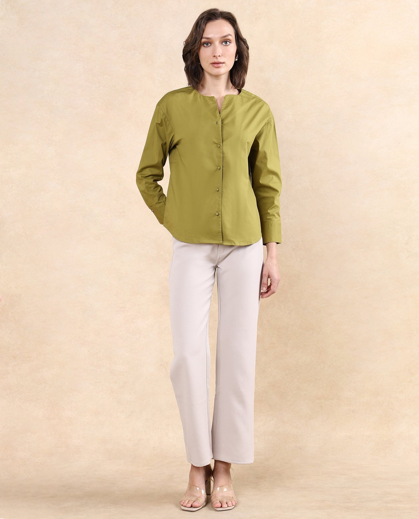 Rareism Women Nagoya Green Cuffed Sleeve Round Neck Button Plain Top