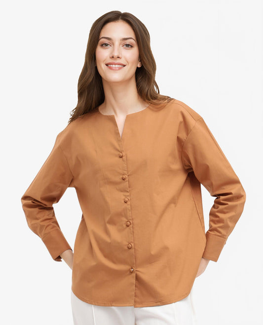 Rareism Women Nagoya Light Brown Cotton Full Sleeve Round Neck Top