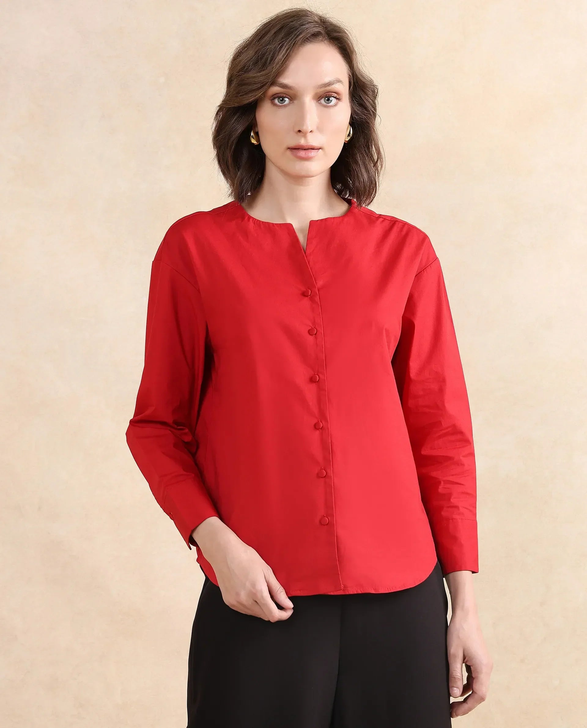 Rareism Women Nagoya Red Cotton Fabric Full Sleeve Round Neck Solid Top