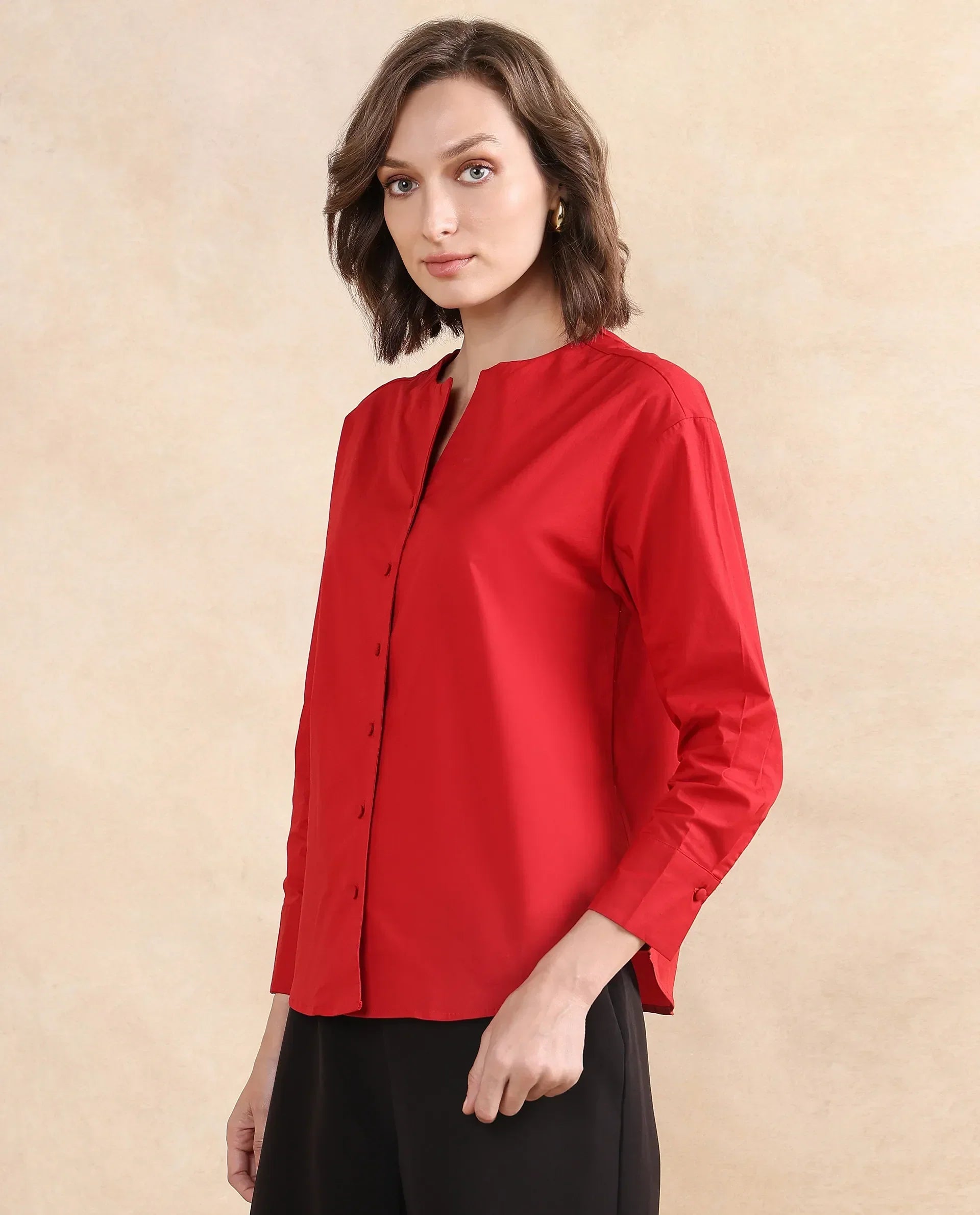 Rareism Women Nagoya Red Cotton Fabric Full Sleeve Round Neck Solid Top