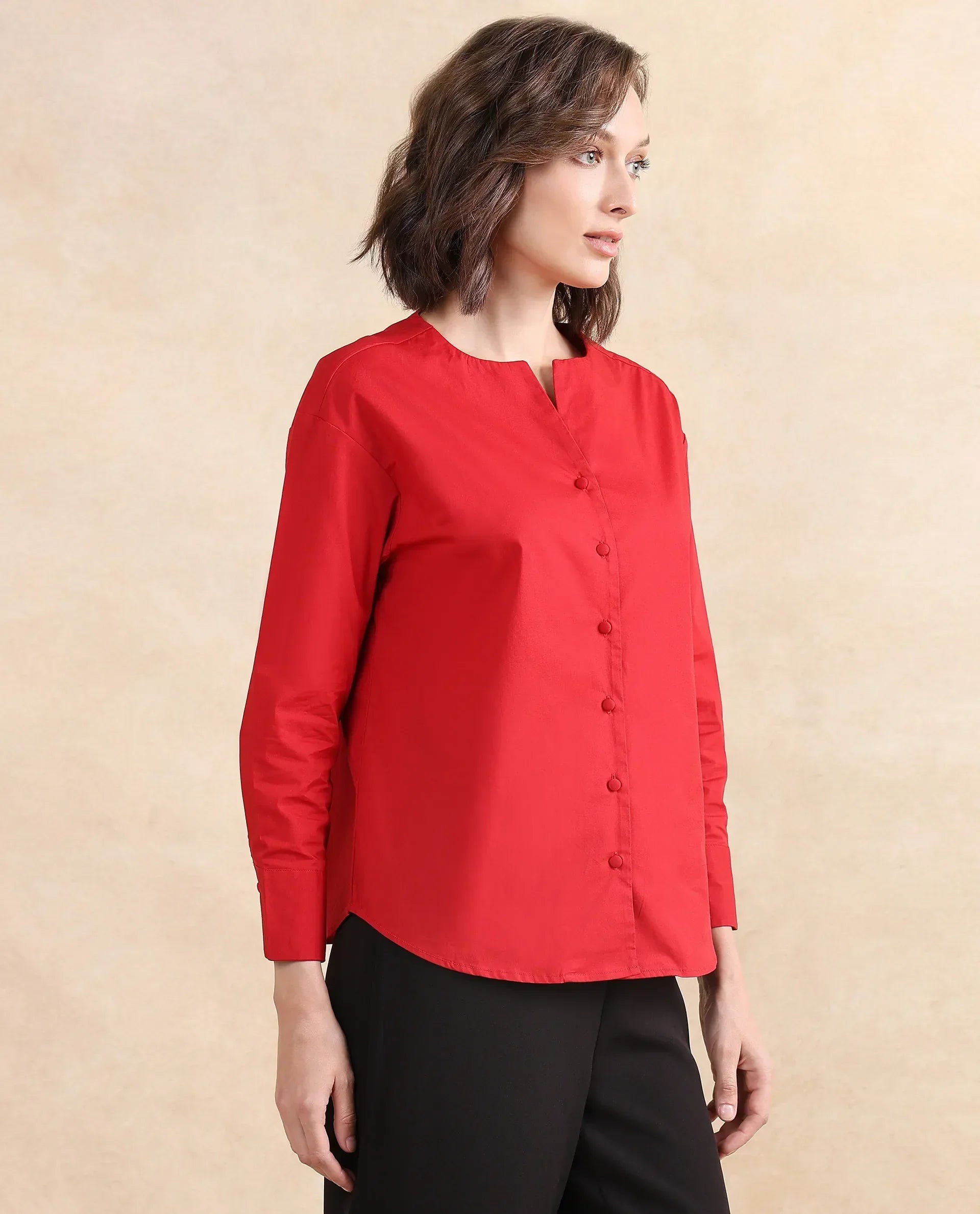 Rareism Women Nagoya Red Cotton Fabric Full Sleeve Round Neck Solid Top