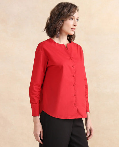 Rareism Women Nagoya Red Cotton Fabric Full Sleeve Round Neck Solid Top