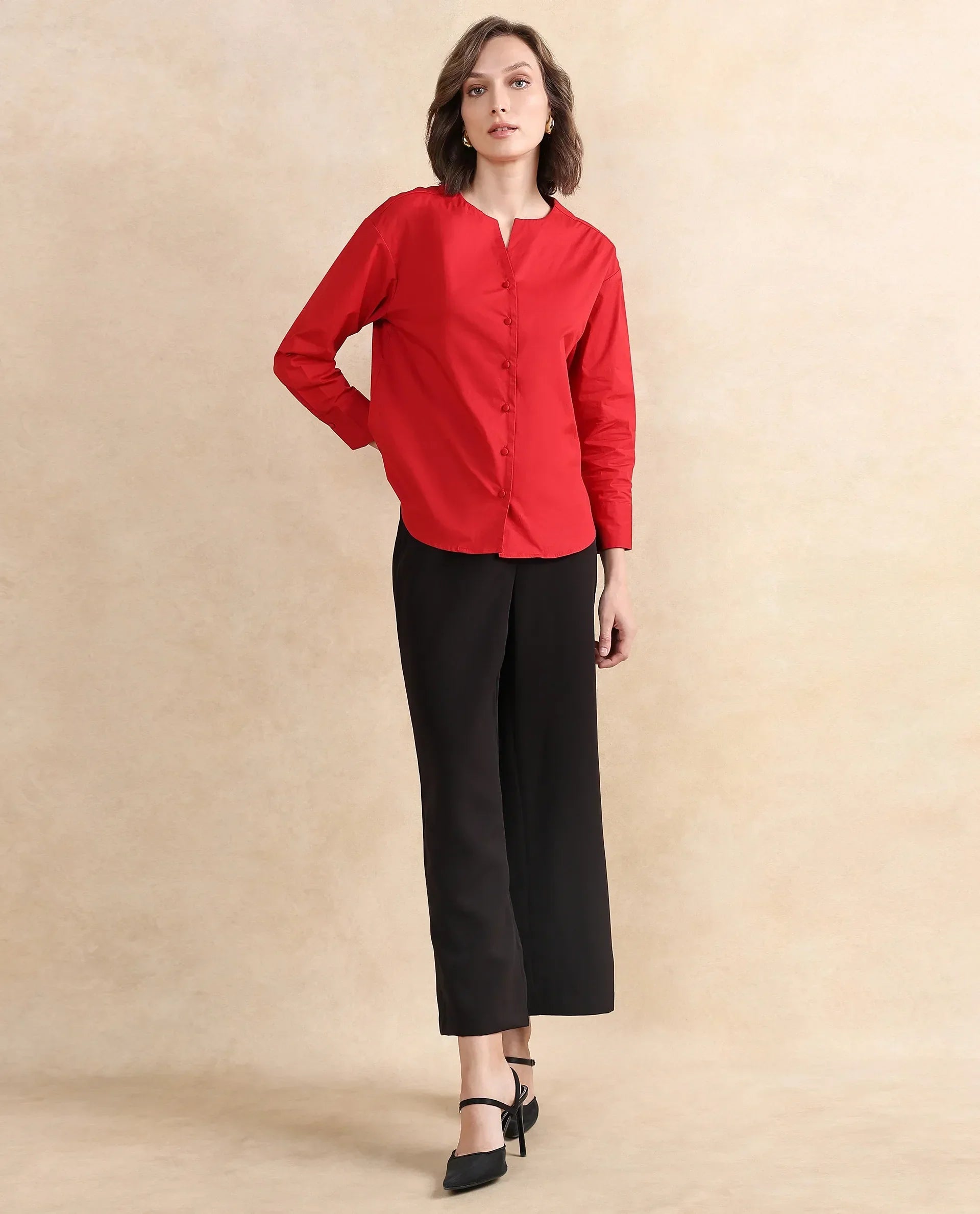 Rareism Women Nagoya Red Cotton Fabric Full Sleeve Round Neck Solid Top