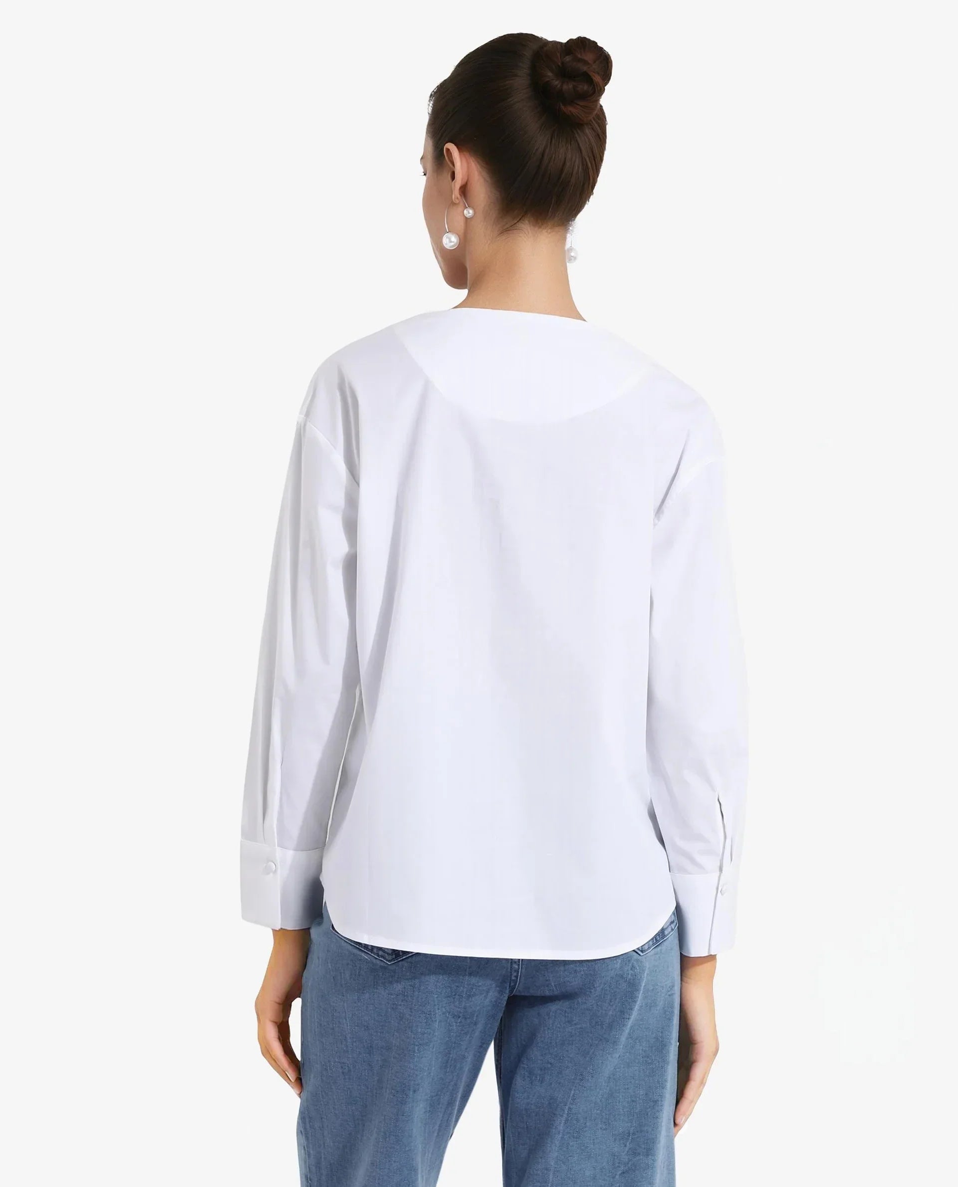 Rareism Women Nagoya White Cuffed Sleeve Round Neck Button Plain Top