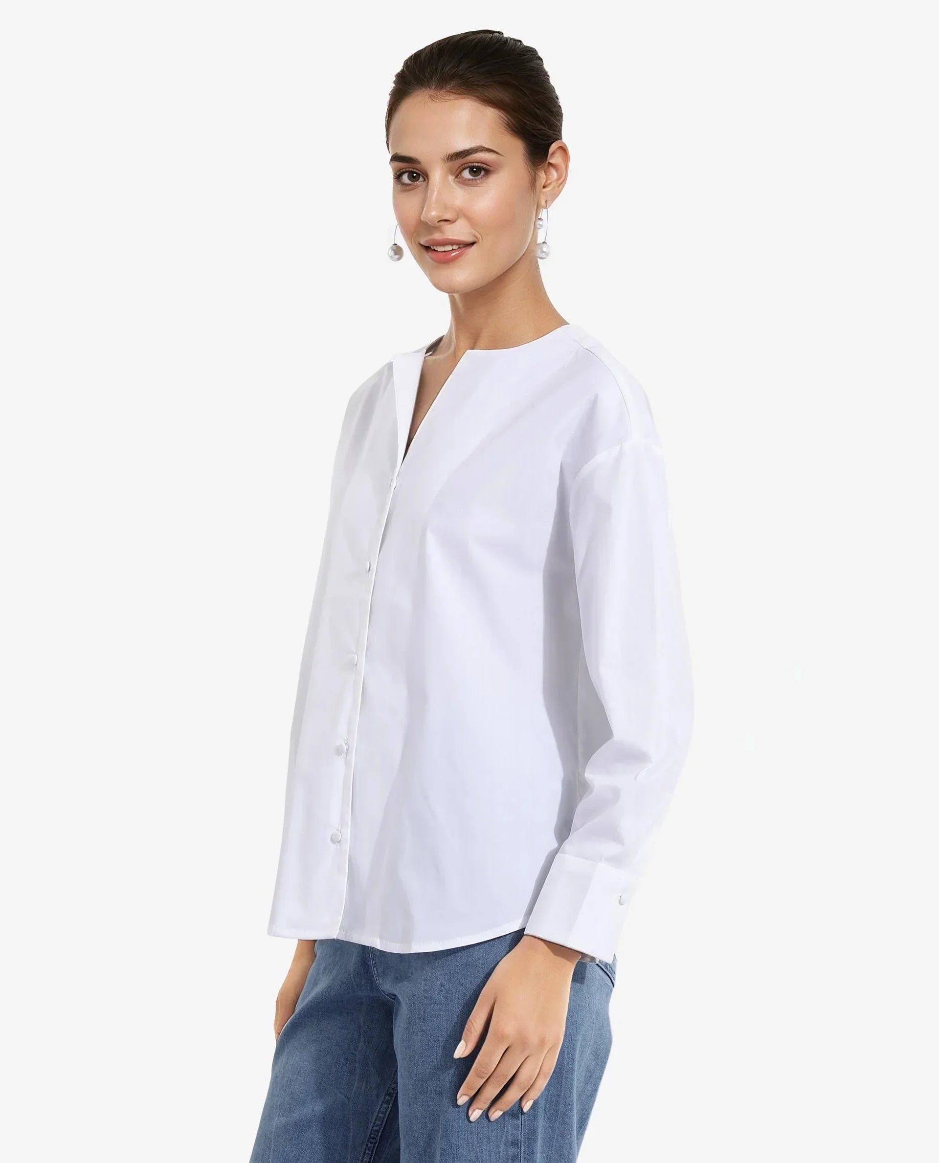 Rareism Women Nagoya White Cuffed Sleeve Round Neck Button Plain Top