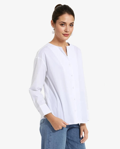 Rareism Women Nagoya White Cuffed Sleeve Round Neck Button Plain Top