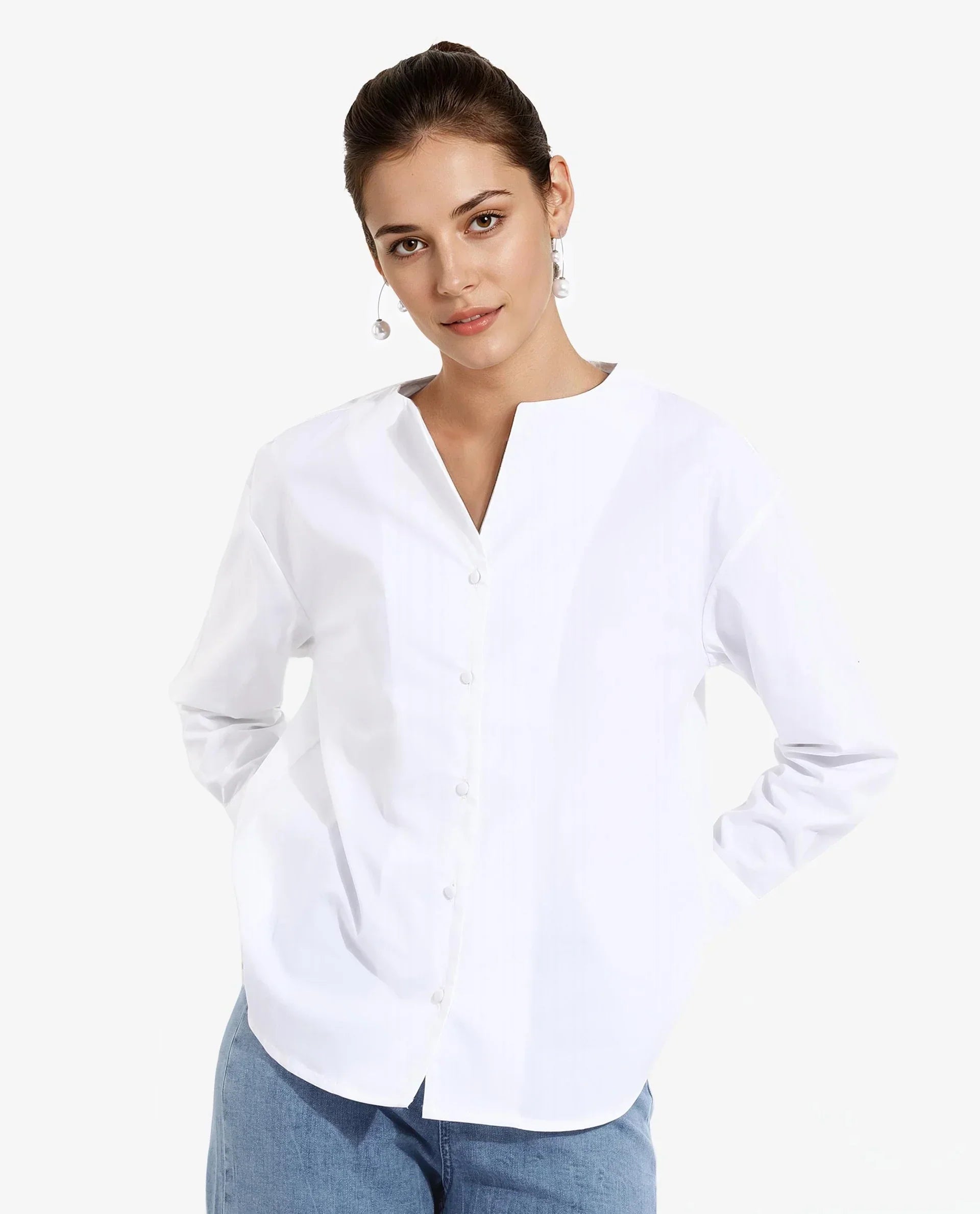 Rareism Women Nagoya White Cuffed Sleeve Round Neck Button Plain Top