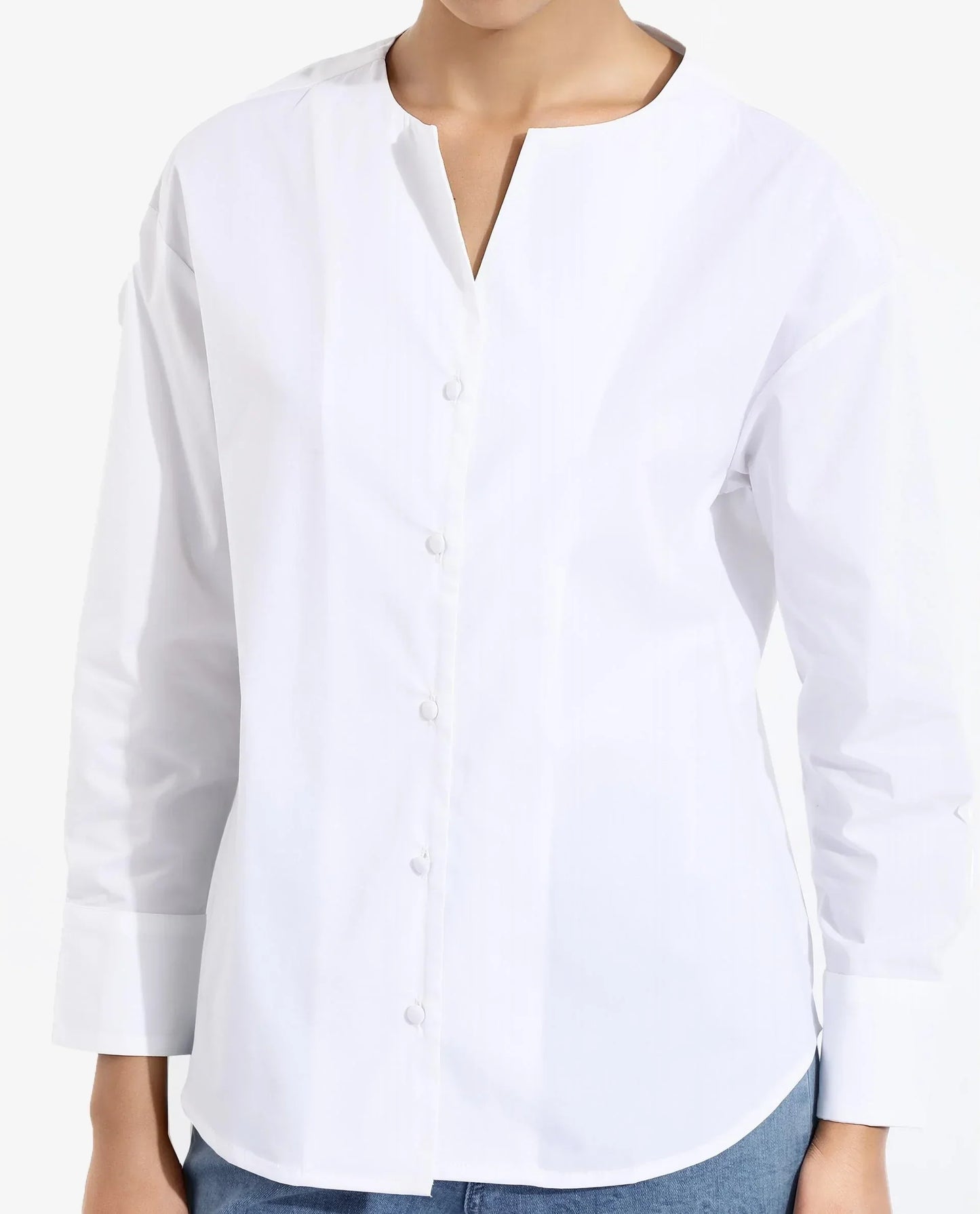 Rareism Women Nagoya White Cuffed Sleeve Round Neck Button Plain Top