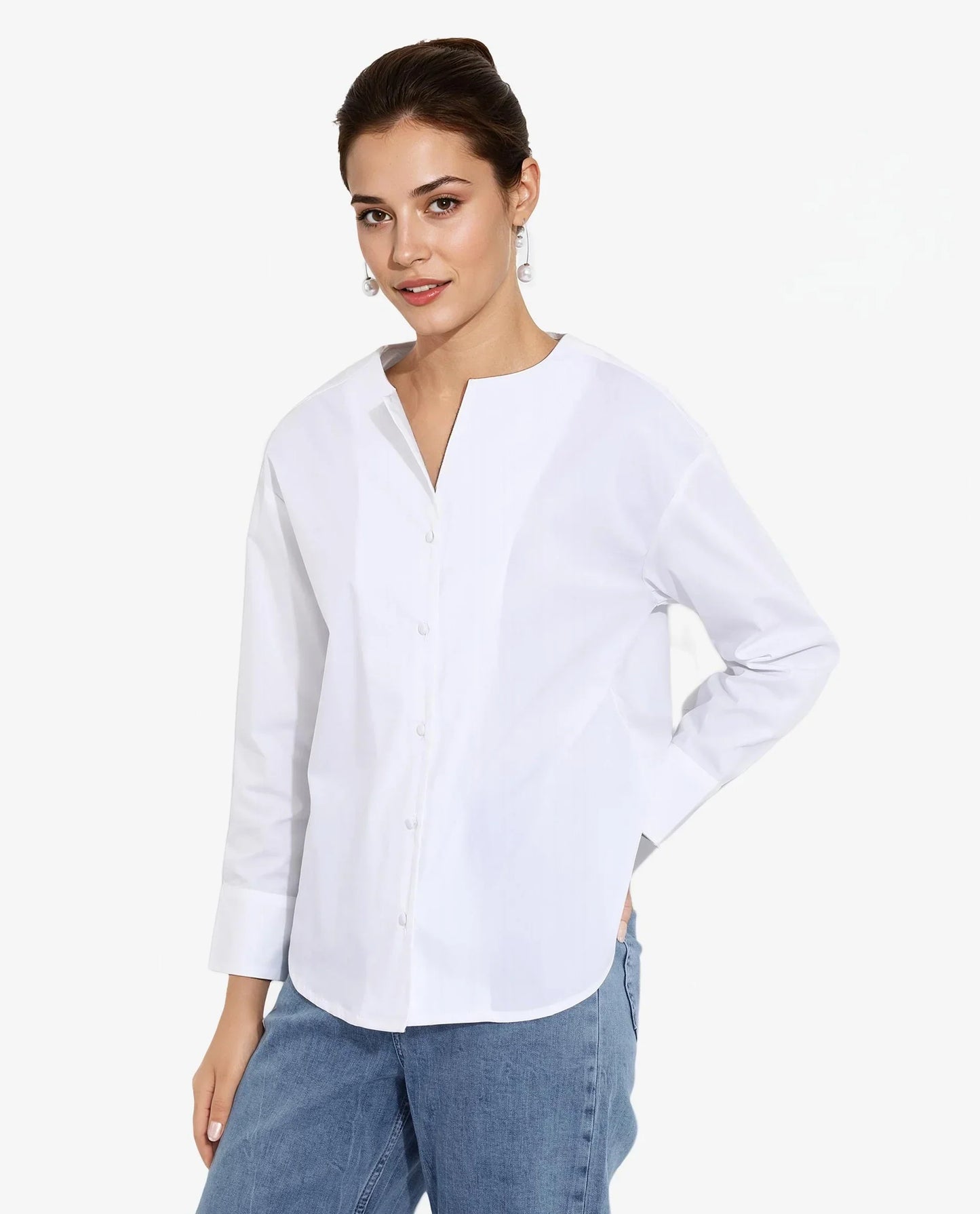 Rareism Women Nagoya White Cuffed Sleeve Round Neck Button Plain Top