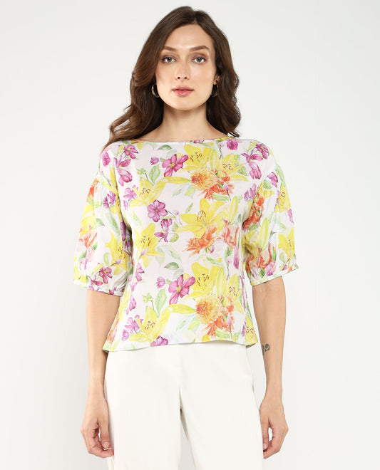 Rareism Women Naldu Multi Bishop Sleeve Crew Neck Floral Print Top