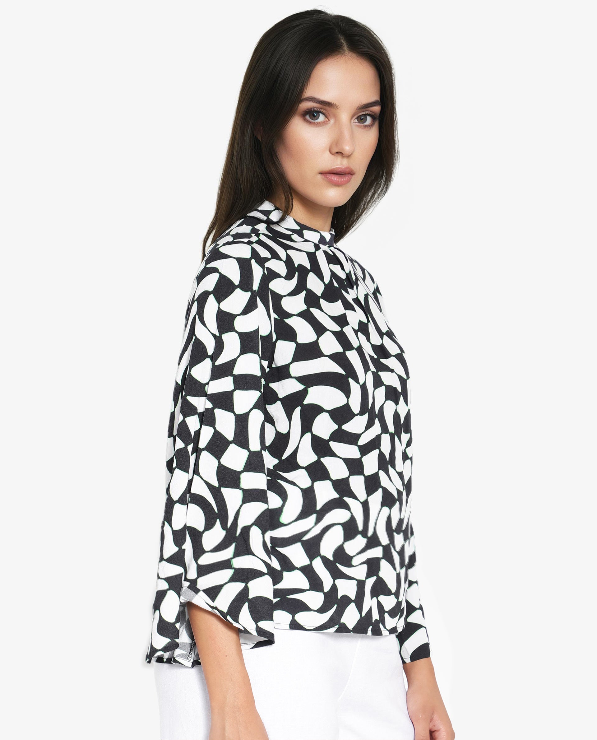 Rareism Women Napleo Black Bell Sleeves High Neck Button Geometric Print Top